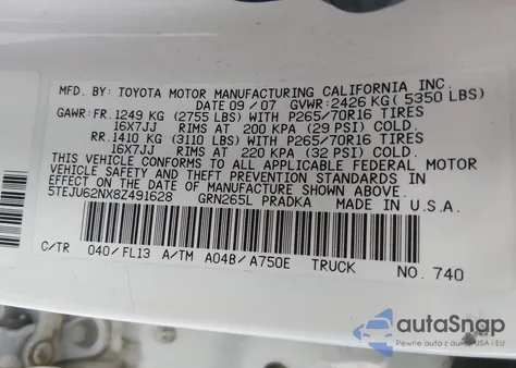 2008 Toyota Tacoma Prerunner V6 z USA, uszkodzony, nr VIN 5TEJU62NX8Z591628